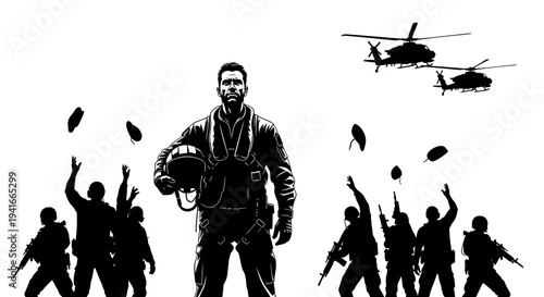 Heroic Pilot Stands Tall Amidst Cheering Soldiers and Flying Helicopters
