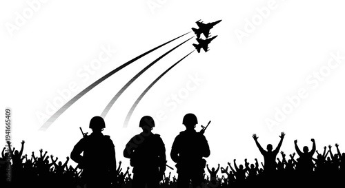 Military Air Show: Soldiers Watch Fighter Jets Fly Over Cheering Crowd Silhouette