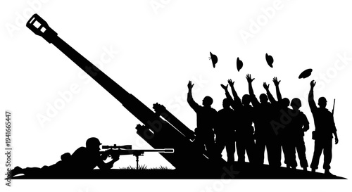 Military Artillery Crew Celebrating Victory After Firing Cannon