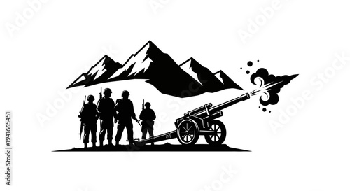 Military Artillery Firing in Mountains with Soldiers Silhouette