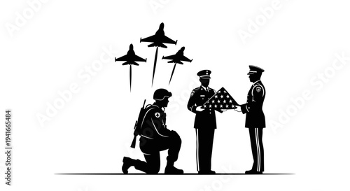 Military Ceremony: Soldier Kneeling, Flag Folding, Fighter Jets Flyover, Tribute