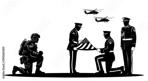 Military Ceremony: Soldiers Fold Flag, Helicopters Fly Over, Soldier Kneels