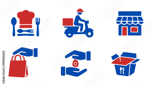 Hospitality icons including chef, delivery scooter, shopping bag, restaurant building, and takeaway box.