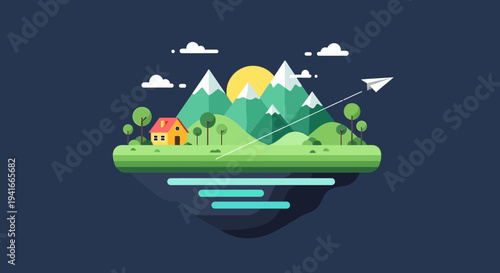 Idyllic Floating Island Landscape with Mountains, House, and Paper Plane.