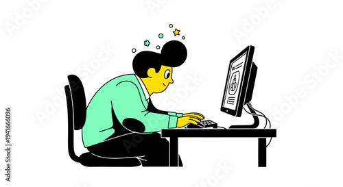 Man working on computer with focused expression and good posture.
