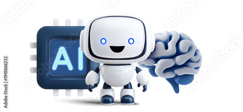 Cute 3D AI robot character with microchip and brain symbols, representing artificial intelligence, machine learning, smart automation, digital assistants, and future technology.