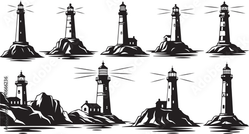 Lighthouse Silhouettes on Rocky Coastlines with Ocean Views