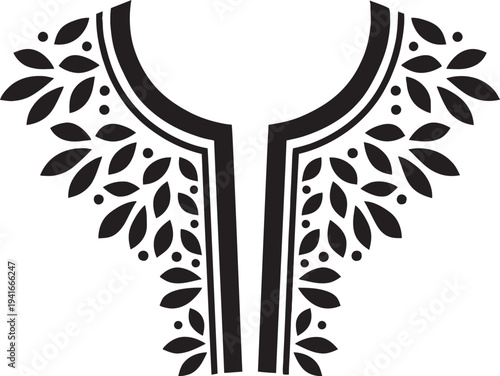 Elegant black and white floral neckline embroidery vector design with leaf motifs for ethnic fashion apparel.
