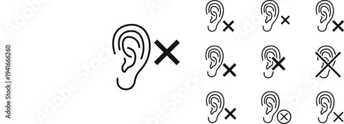 No Sound Ear Icon Set with Hearing Disabled Symbols for Mute Audio, Hearing Loss, Accessibility Warning and Sound Restriction Interface Design