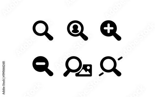 Collection of six magnifying glass icons representing search, zoom in, zoom out, and image search