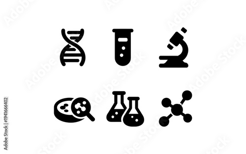 Collection of science icons representing DNA, test tubes, microscope, petri dish, and molecules