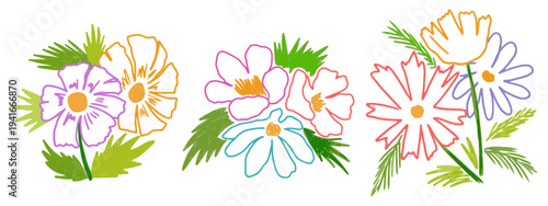 Colorful crayon sketch floral collection with hand drawn wildflowers. Vector chalk pencil illustration isolated on white background. Childlike botanical elements