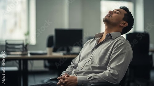Exhausted mid-adult man resting with eyes closed at his desk for mental health wellness