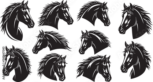 Collection of black horse head silhouettes in various poses