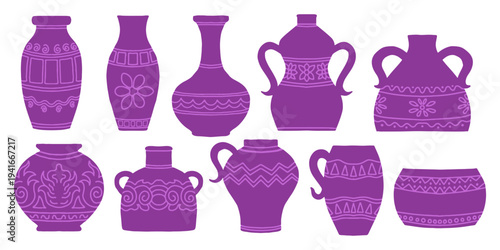 Hand drawn set of purple ceramic vases and pottery with ethnic ornaments on white background. Flat modern illustration for home decor, poster, card, and design project