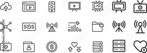 Set of 24 technology line icons. simple set of technology icons. contains icons as cloud upload