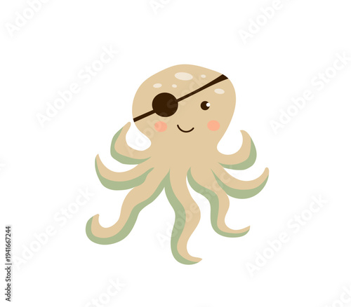  Illustration of stylized beige octopus wearing a black pirate eye patch. Funny  sea character for kids nursery decor, adventure themes, and maritime illustrations.
