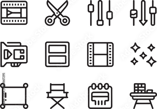 Video post production workflow icons with color grading trimming and audio mixing symbols