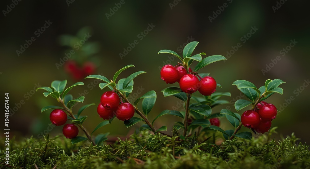Obraz premium Bright red wintergreen berries contrast with glossy green leaves nestled among forest moss, representing natural flavor and freshness ,floor ,healthy ,procumbens