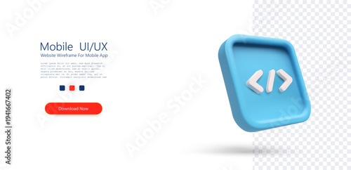 Minimal 3D coding icon with blue square button and white code brackets isolated on transparent background, representing programming, software development, web technology, scripting, and digital engine