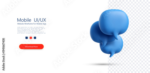 Minimal 3D speech bubble icon cluster with blue rounded chat symbols isolated on transparent background, representing messaging, communication, conversation, support, and social interaction.