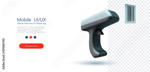 Minimal 3D barcode scanner icon with handheld retail reader and label tag isolated on transparent background, representing inventory control, checkout, logistics, product tracking, and digital scannin