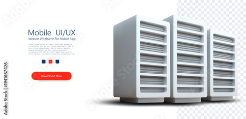 ПечатьMinimal 3D server tower set with white data storage units isolated on transparent background, representing cloud infrastructure, hosting hardware, network systems, and modern digital technology.