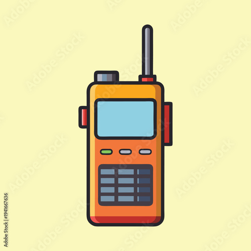 Cartoon style walkie talkie radio with buttons and display screen