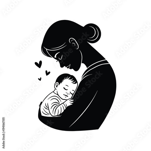 Loving mother holding baby silhouette with heart symbols representing maternal affection and care