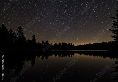 Dark lake reflecting the starry night sky. Silhouettes of trees line the shore, creating a serene, peaceful, and mysterious nocturnal landscape ,twilight ,horizon ,wilderness