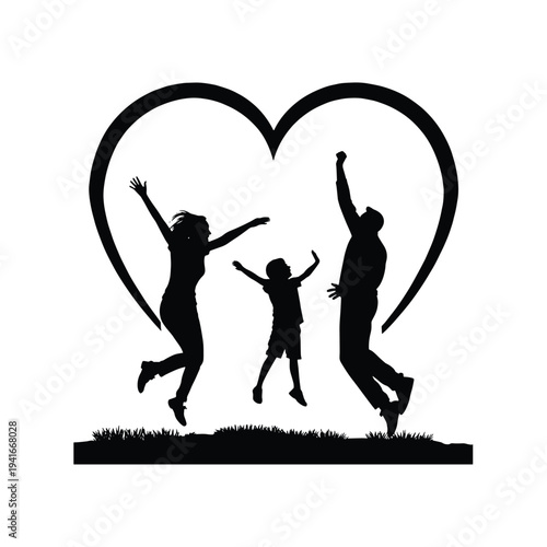 Joyful silhouette of three people jumping together inside a heart shape symbolizing unity and happiness