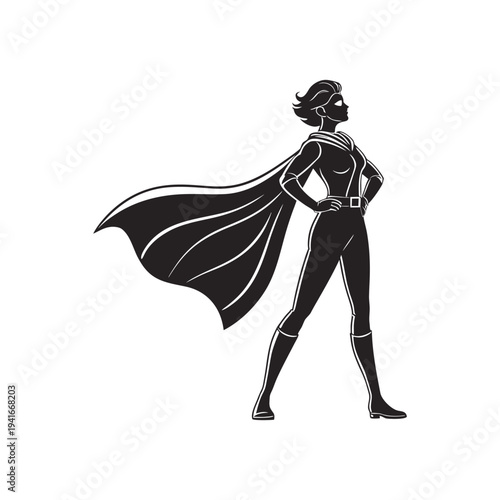 Heroic female superhero silhouette with flowing cape symbolizing courage, empowerment, and strength