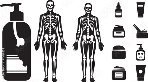 Set of 14 black and white vector icons featuring human skeletons and various cosmetic product containers, ideal for health, beauty, and medical designs. isolated PNG with Transparent Background