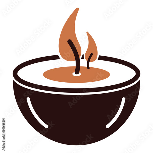 Brown candle with two burning wicks and orange flames on top isolated on white icon