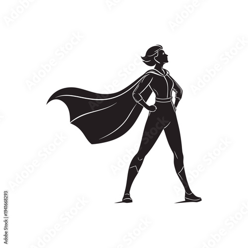 Confident female superhero silhouette with cape standing proudly as a symbol of women empowerment