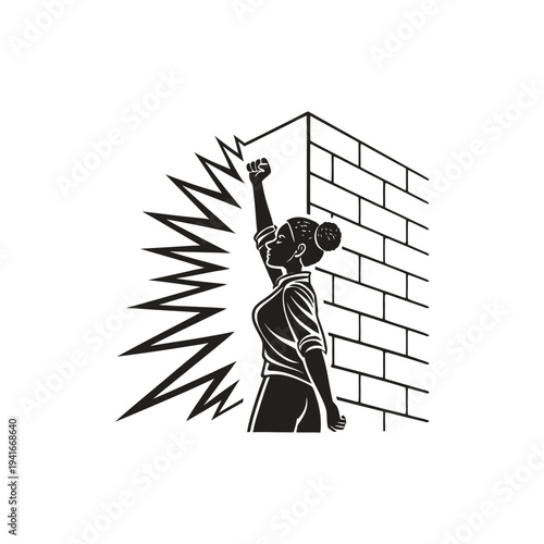 Determined person smashing through a brick wall with fist symbolizing power and breakthrough