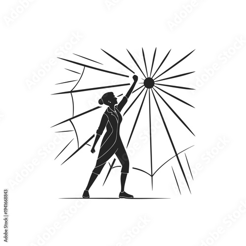 Energetic illustration of a person throwing a frisbee with radiant motion light rays