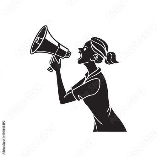 Strong woman silhouette using megaphone to amplify voice symbolizing activism and leadership