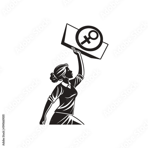 Bold black and white silhouette of a woman holding feminist symbol representing gender equality
