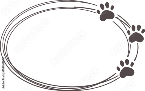 Empty cute cat or dog, pet frame speech bubble with ears and tail, border with paw print. Doodle sketch hand drawn elements. Footprint badge, border divider. 