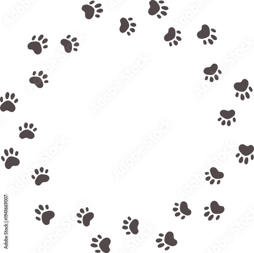 Empty cute cat or dog, pet frame speech bubble with ears and tail, border with paw print. Doodle sketch hand drawn elements. Footprint badge, border divider. 