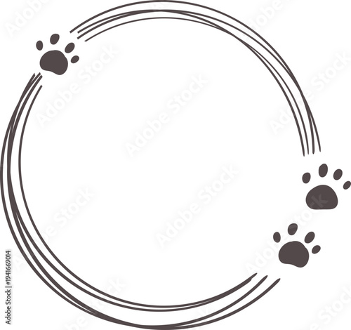 Empty cute cat or dog, pet frame speech bubble with ears and tail, border with paw print. Doodle sketch hand drawn elements. Footprint badge, border divider. 