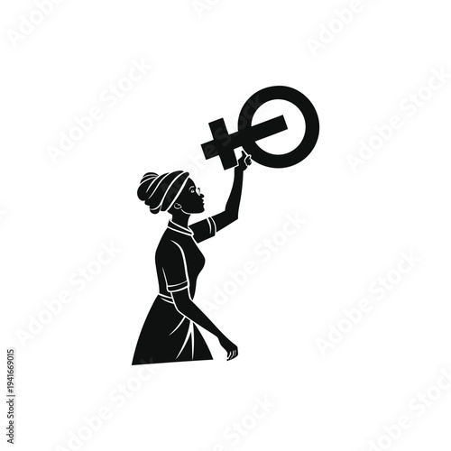 Minimal silhouette of woman proudly holding feminist symbol representing empowerment movement