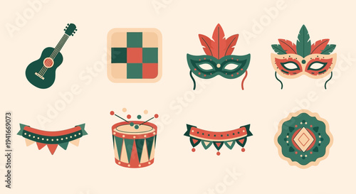 Vibrant Carnaval Celebration Elements with Masks and Instruments.