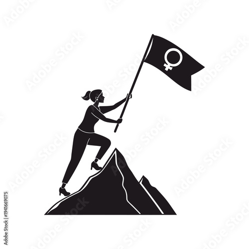 Empowered woman silhouette climbing mountain while holding feminist flag of equality