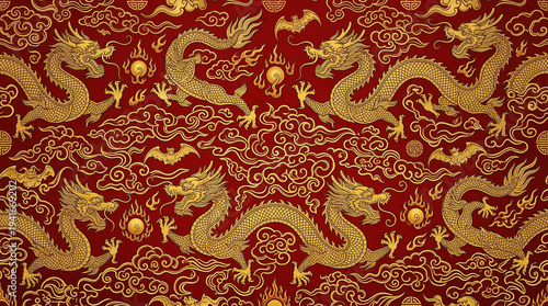 Golden chinese dragon seamless pattern on red textured background