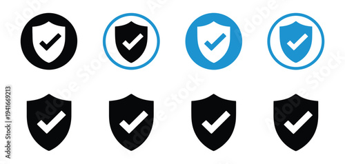 Security Shield Icon Set with Check Mark, Lock and Protection Symbols, Cyber Security Verification Signs, Safe Protection Badge Collection, Digital Privacy and Safety Shield Icons Vector Illustration 