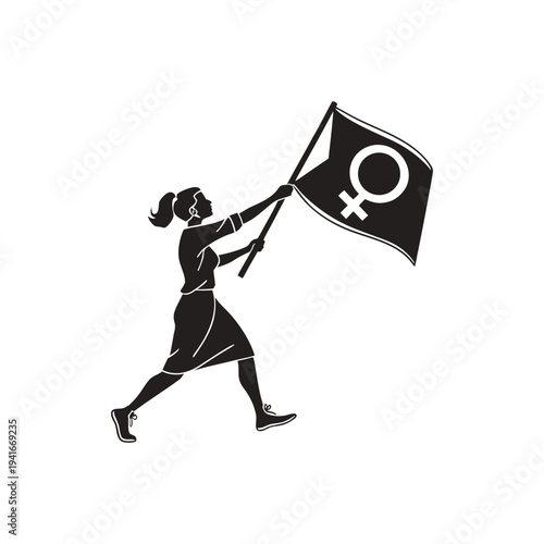 Determined woman marching forward while holding feminist flag in empowerment protest