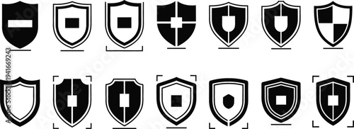 Security Protection Shield Icon Set with Safety Defense Badges, Cyber Security Symbols, Insurance Protection Emblems for Antivirus Systems and Secure Technology Interfaces