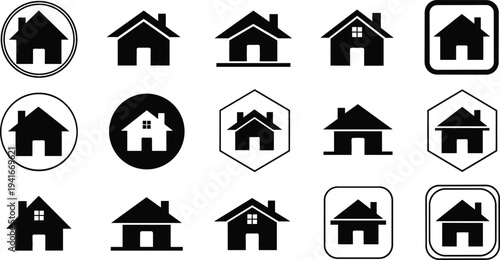 Home House Icon Set with Residential Building Symbols for Real Estate Property, Housing Services, Smart Home Apps, and Website Interface Design